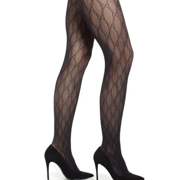 Gucci Interlocking GG Logo Tights Large, Black Fishnet, New WA001