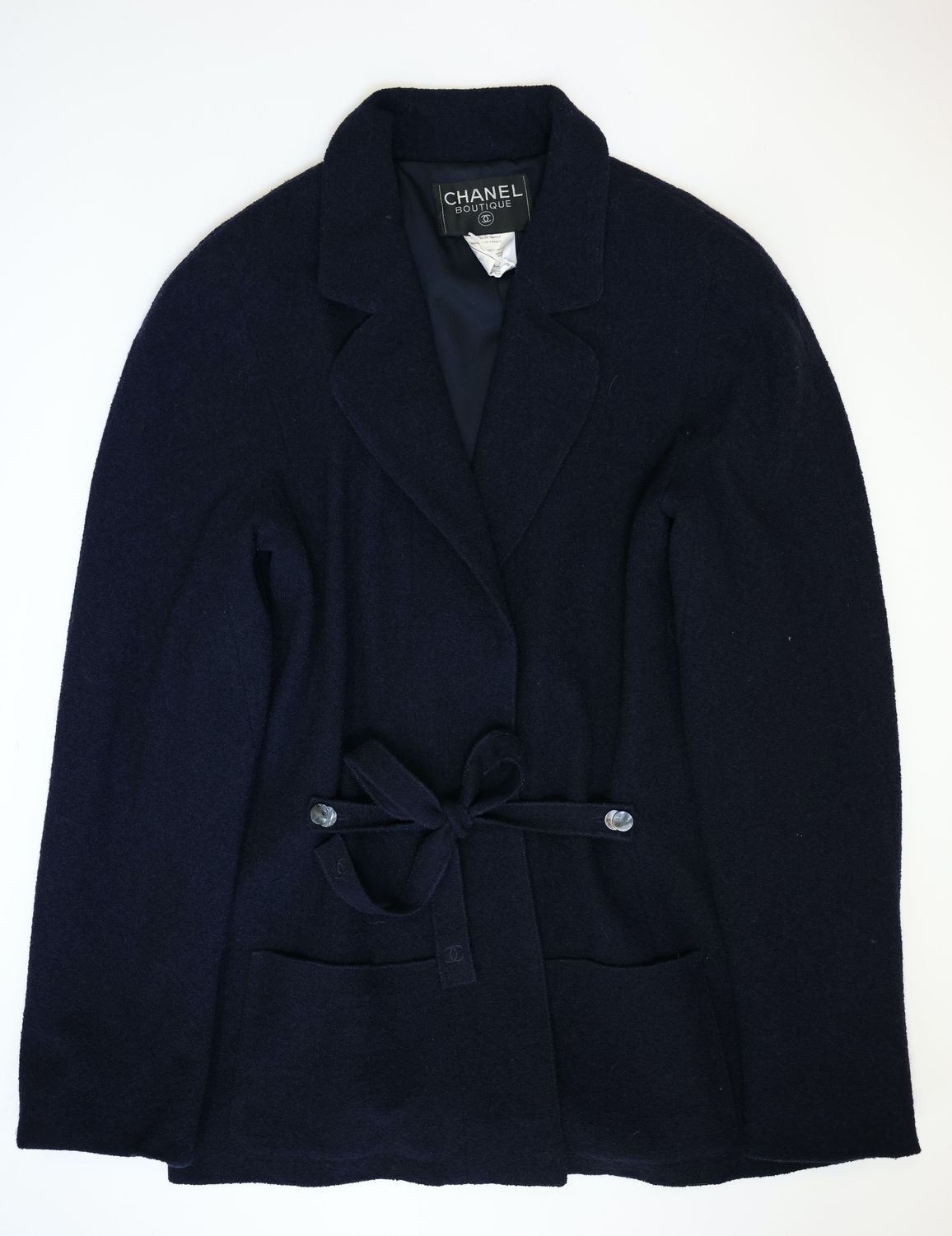 Chanel Belted Jacket Size 42, Navy Wool Blend, Preowned WA001