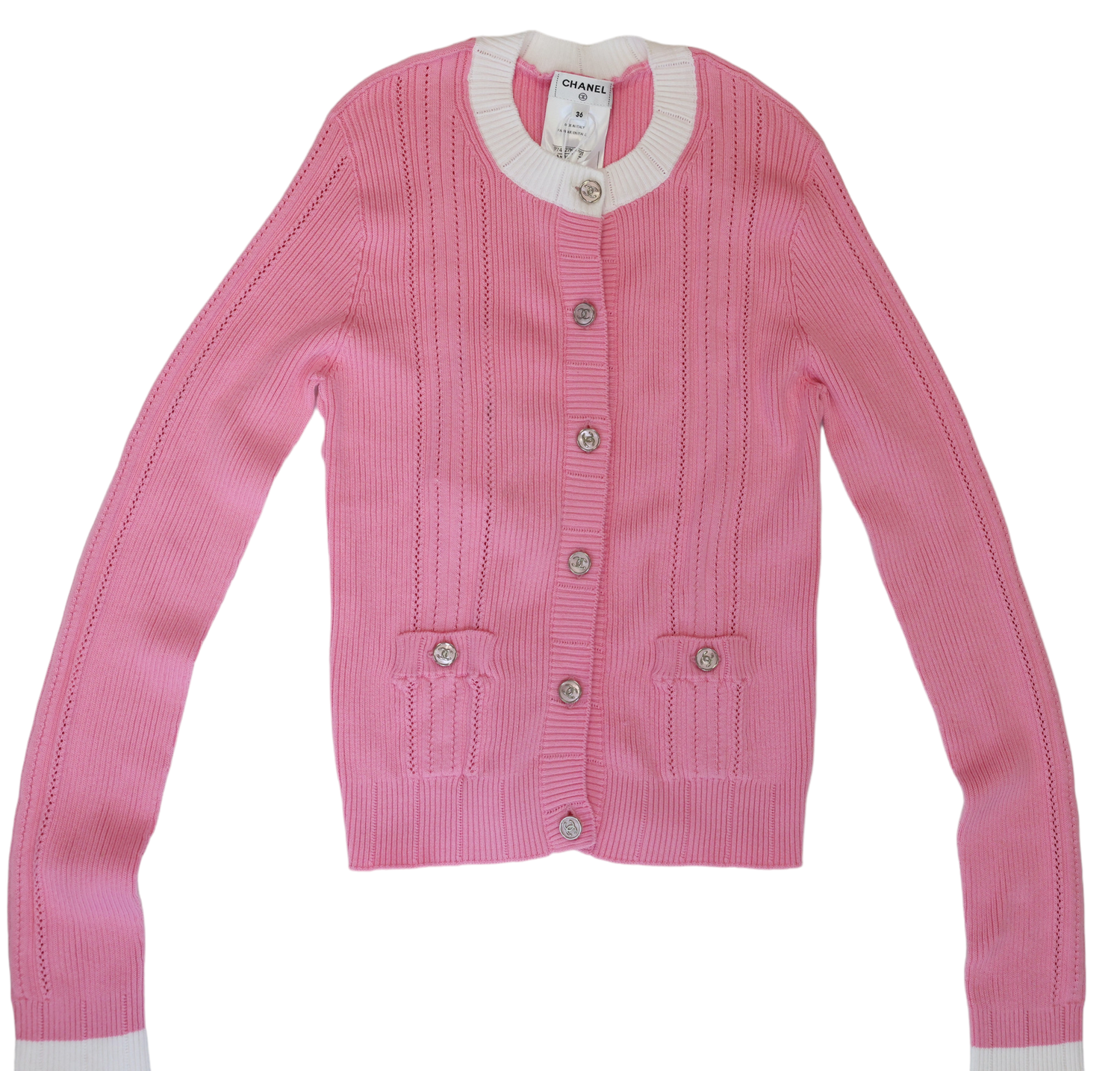 Chanel Cardigan Size 36, Pink and White Cotton, New WA001