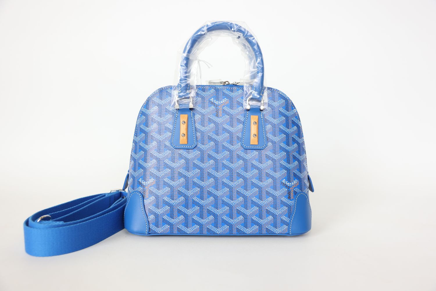 Goyard Vendome Mini, Sky Blue Goyardine Canvas and Chevroches Calfskin with Silver Hardware, New in Box WA001