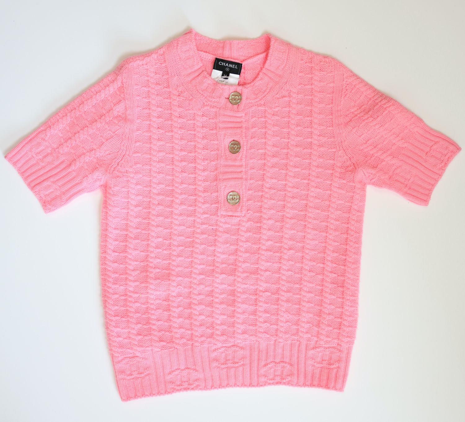 Chanel 23B Knit Top Size 34, Pink Cashmere Wool Blend, New WA001