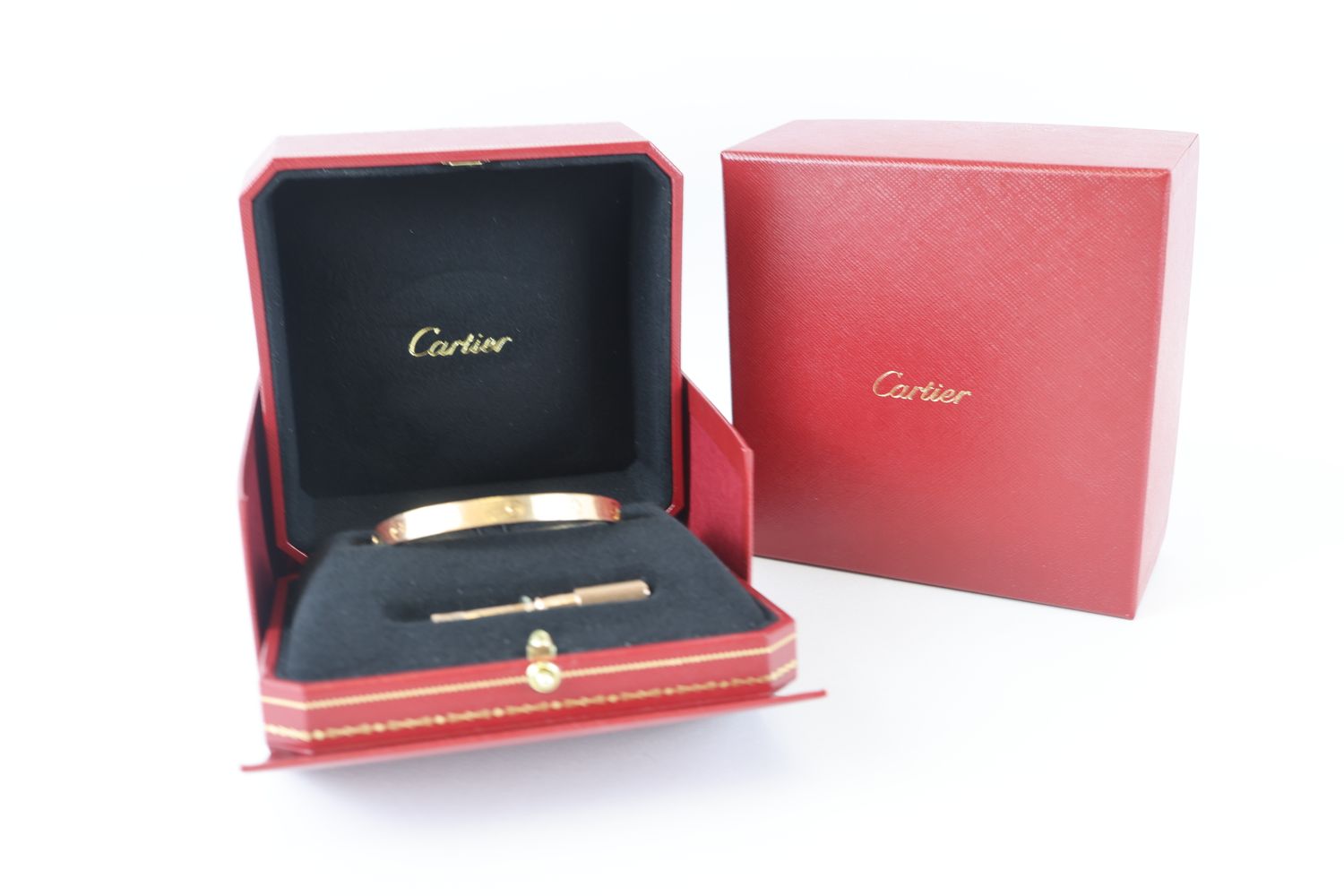 Cartier Love Bracelet, Rose Gold, Size 19, Preowned in Box CMA001