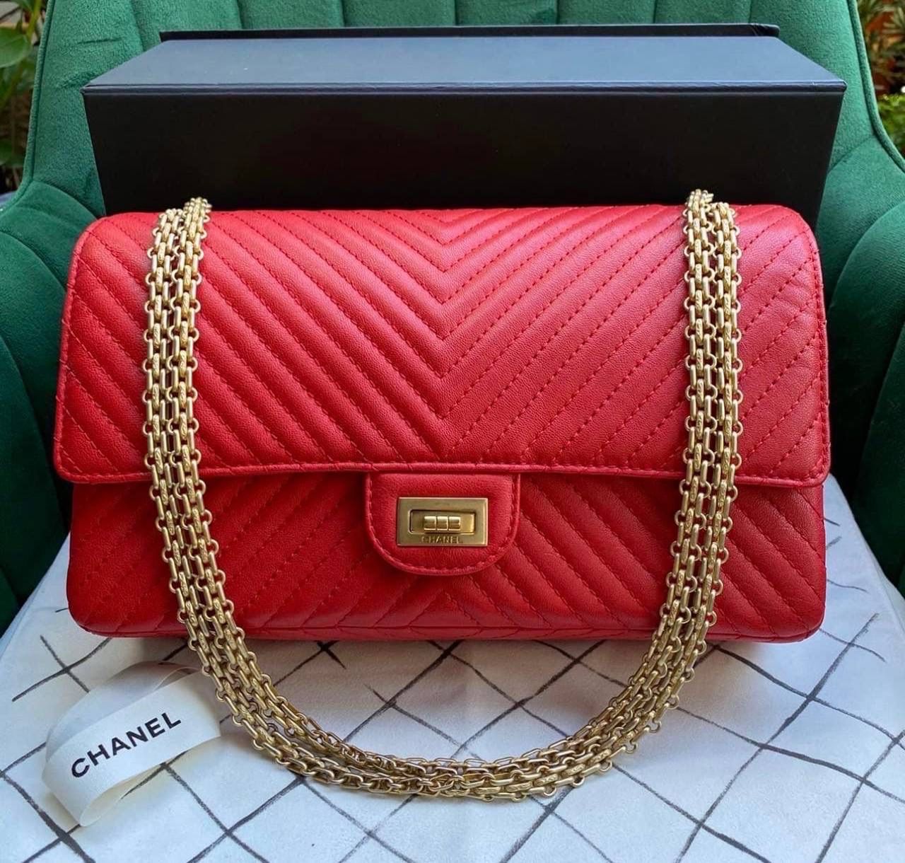 Preorder 23 Series Chanel Red Chevron Quilted Chevre Leather Reissue 2.55 225 Double Flap Bag Gold Hardware Excellent Condition Julia Rose Boston Shop