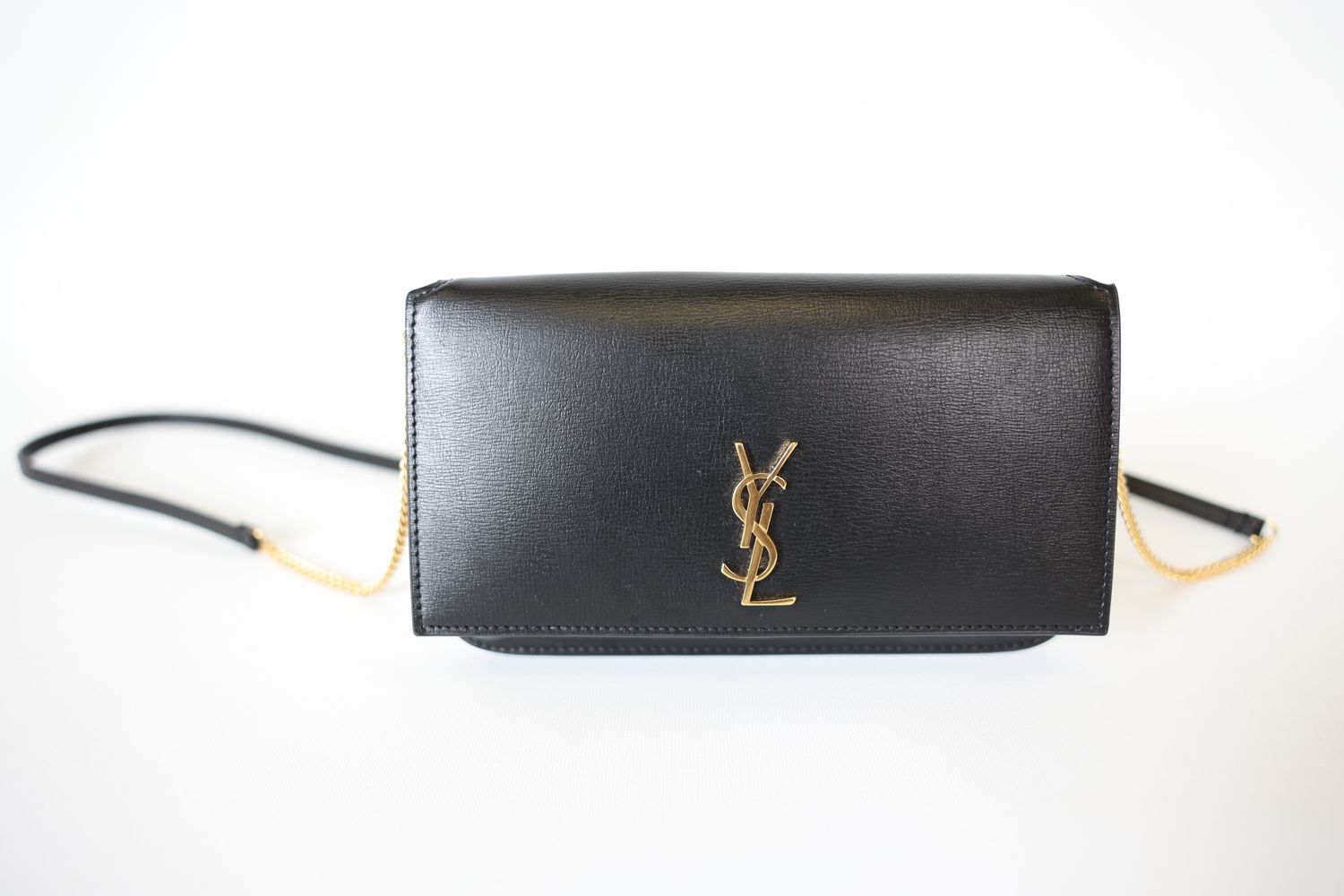 Saint Laurent Cassandre Phone Holder, Black Calfskin with Gold Hardware, Preowned in Box WA001