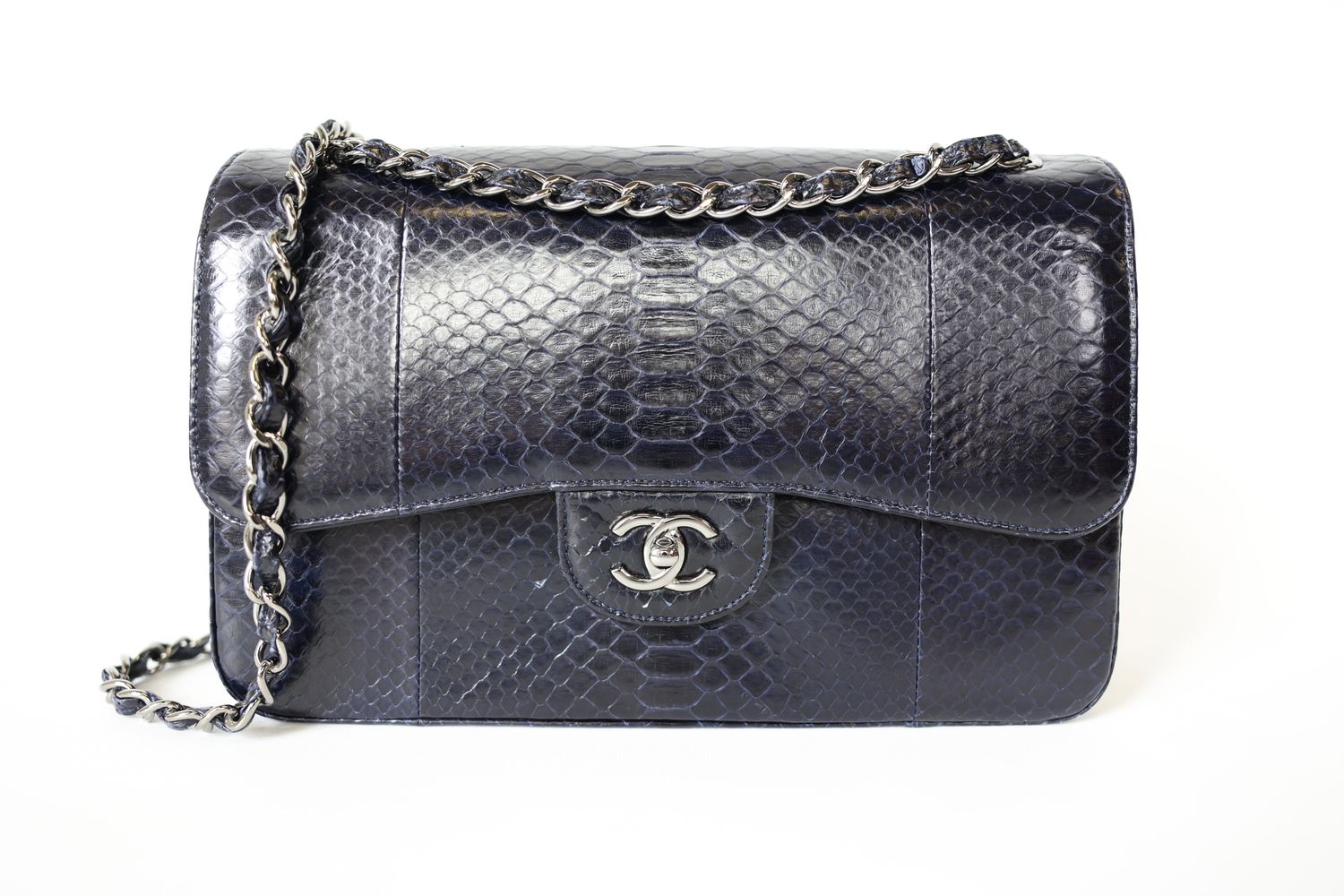 Chanel Classic Double Flap Bag Jumbo, Navy Blue Exotic Python Leather with Silver Hardware, Preowned in Box WA001