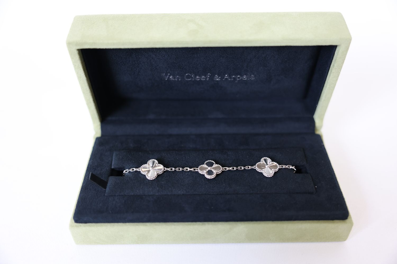 Van Cleef and Arpels Vintage Alhambra 5 Motifs Bracelet Small, 18K White Gold Guilloche, Preowned in Box WA001