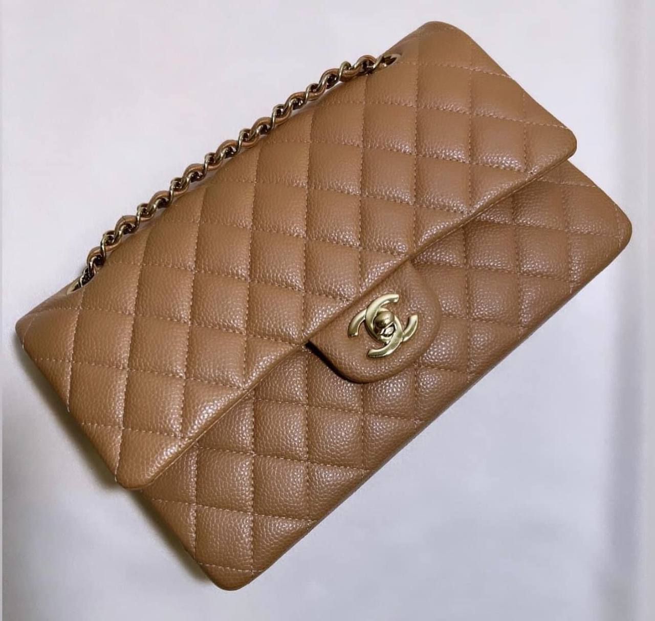 IGLIVE Chanel 18S Dark Beige Caviar Medium Classic Double Flap Bag, Gold Hardware, Great condition, Preowned In Box (Bank Wire) 20240918