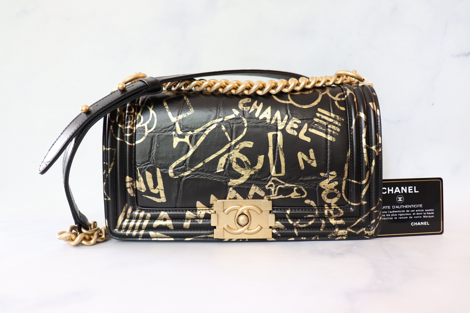 Chanel Old Medium Boy, Black Moc Croc with Gold Graffitti and Aged Gold Hardware, Preowned (Ships From London)