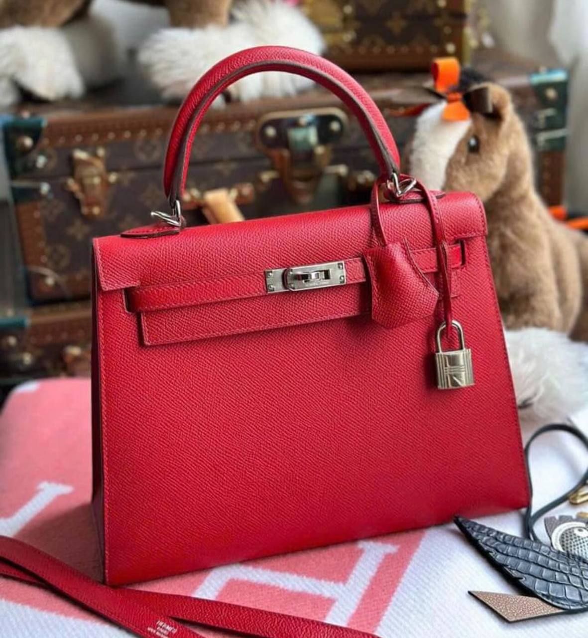 Preorder Hermes Kelly 28 Rouge Casaque Epsom Leather Palladium Hardware Preowned in Box X stamp
