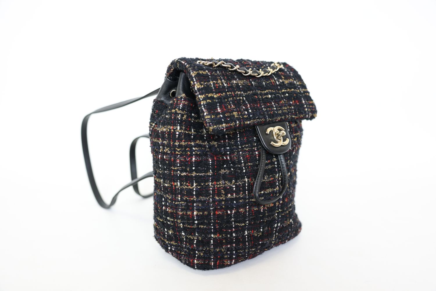 Chanel Urban Spirit Backpack Small, Black, Red, Gold and White Tweed with Gold Hardware, Preowned in Box WA001