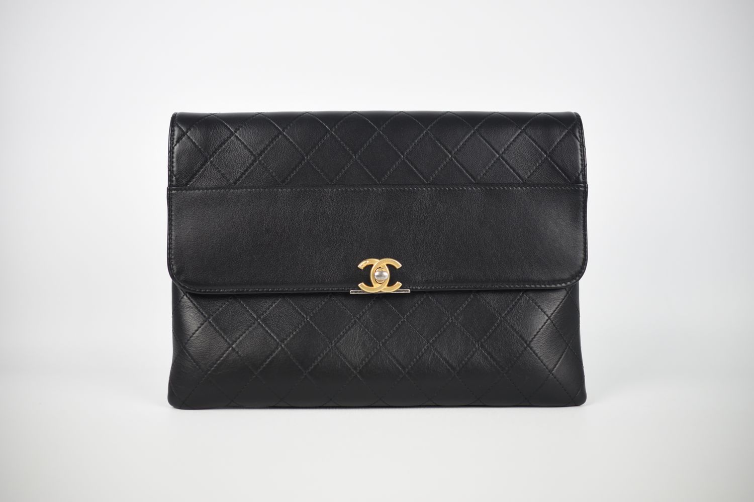 Chanel Flap Clutch, Black Calfskin Leather, Mixed-Tone Hardware, Preowned in Box GA001