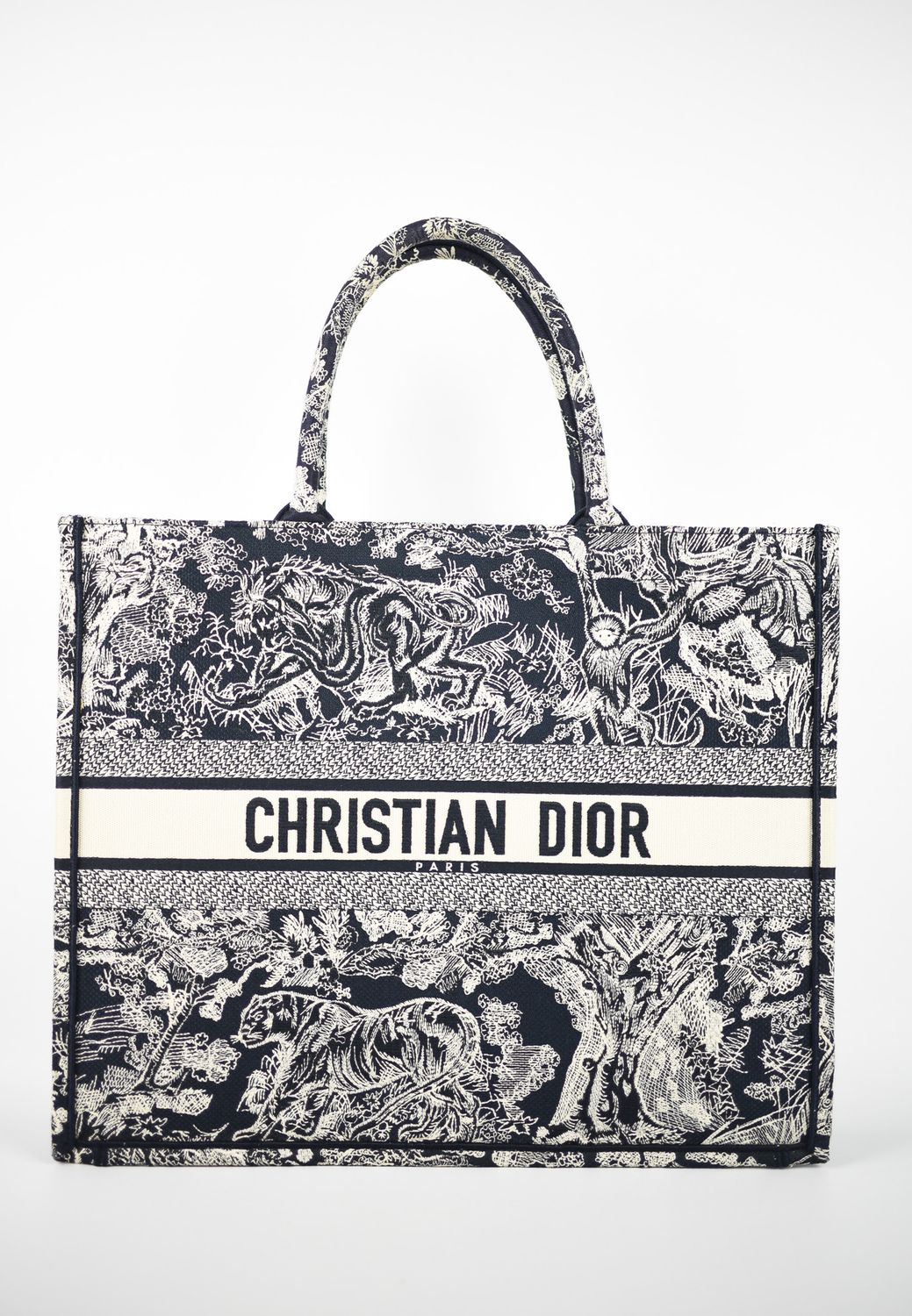 Christian Dior Book Tote Large, Navy Embroidered Canvas, Like New in Dustbag GA001