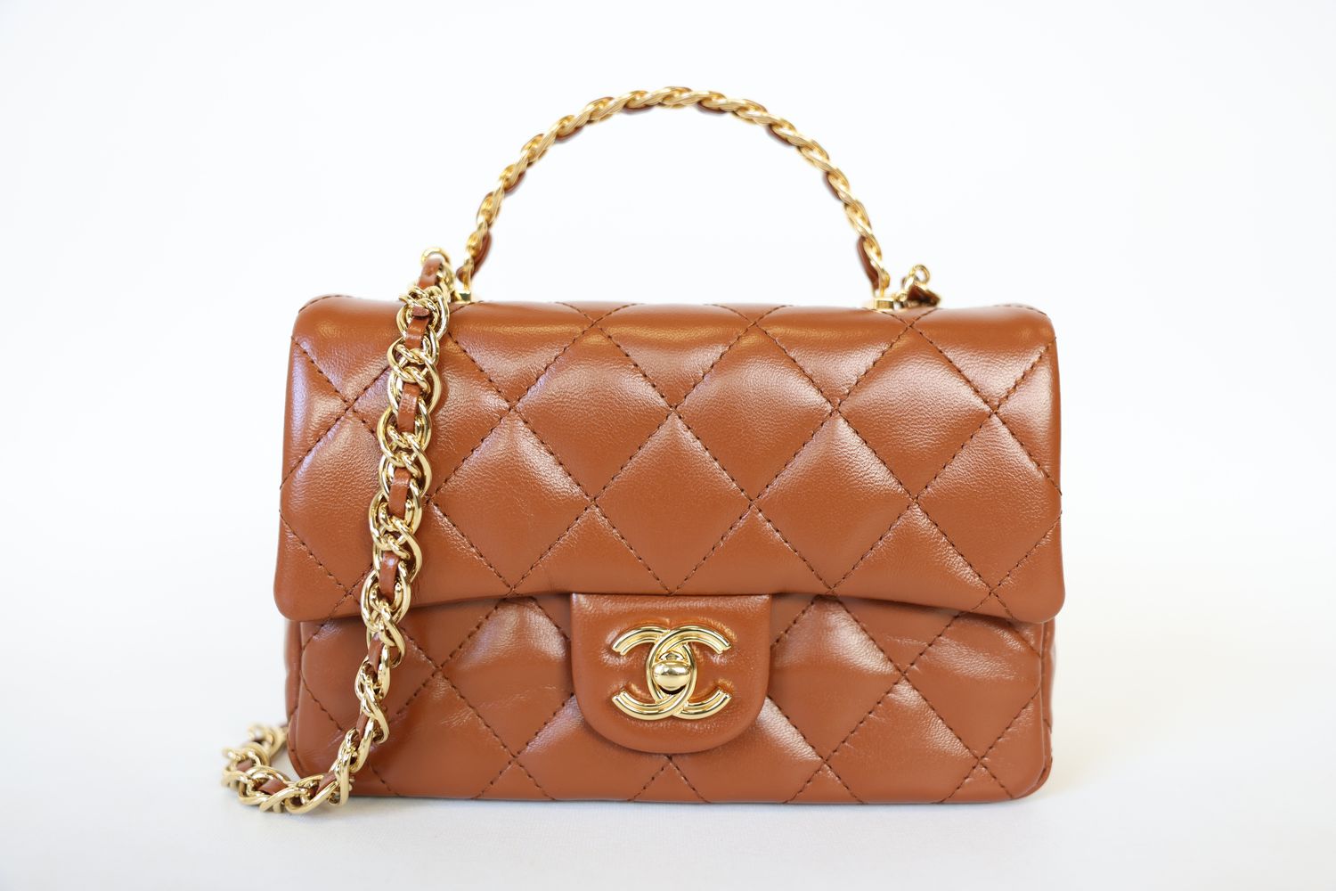 Chanel Flap with Chain Top Handle Mini, Brown Calfskin with Gold Hardware, New in Box WA001