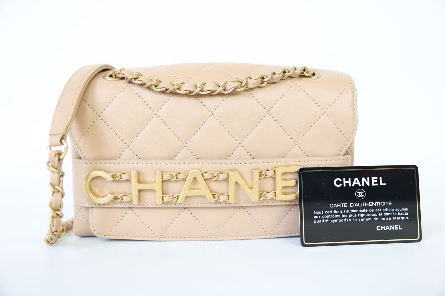 IGLIVE Chanel Enchained Small, Beige Calfskin with Gold Hardware, Preowned in Box WA001 20240911