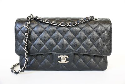 Chanel Classic Medium, Black Caviar with Silver Hardware, Preowned in Box WA001