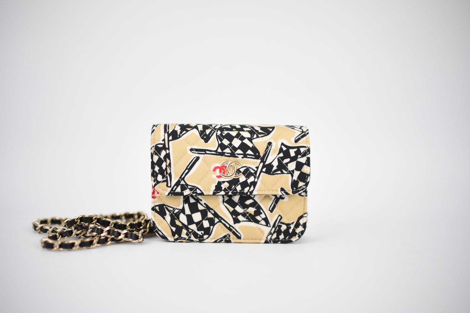 Chanel Mini Crossbody, Beige Race Car Flag Print, Gold Hardware, New in Box GA001