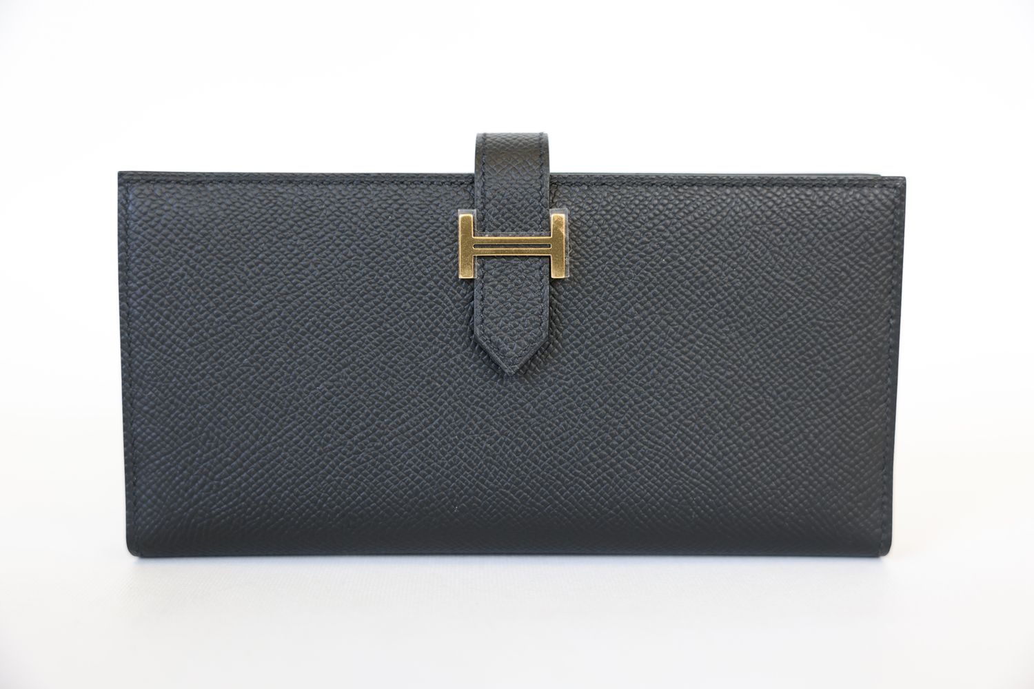 Hermes Bearn Gusset Wallet, Black Epsom Calfskin with Gold Hardware, New in Box WA001