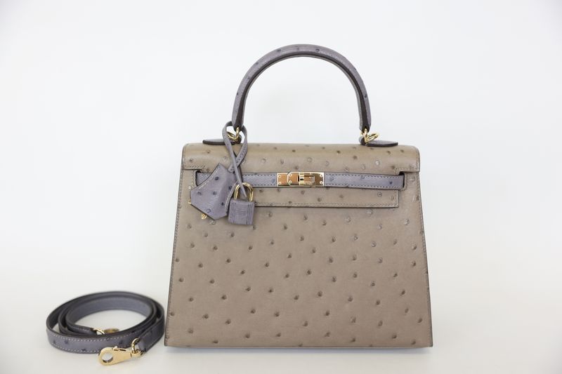 Hermes Kelly 25 HSS, Gris Asphalt Ostrich with Permabrass Hardware Z 2021, Preowned in Box WA001