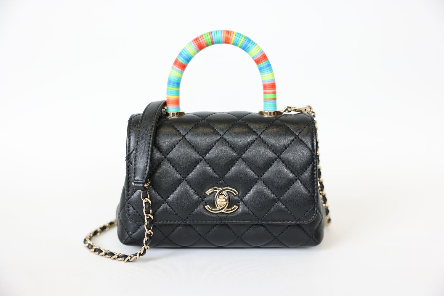 Chanel Coco Handle Mini, Black Lambskin and Rainbow Handle Wrap with Gold Hardware, Preowned in Dustbag WA001