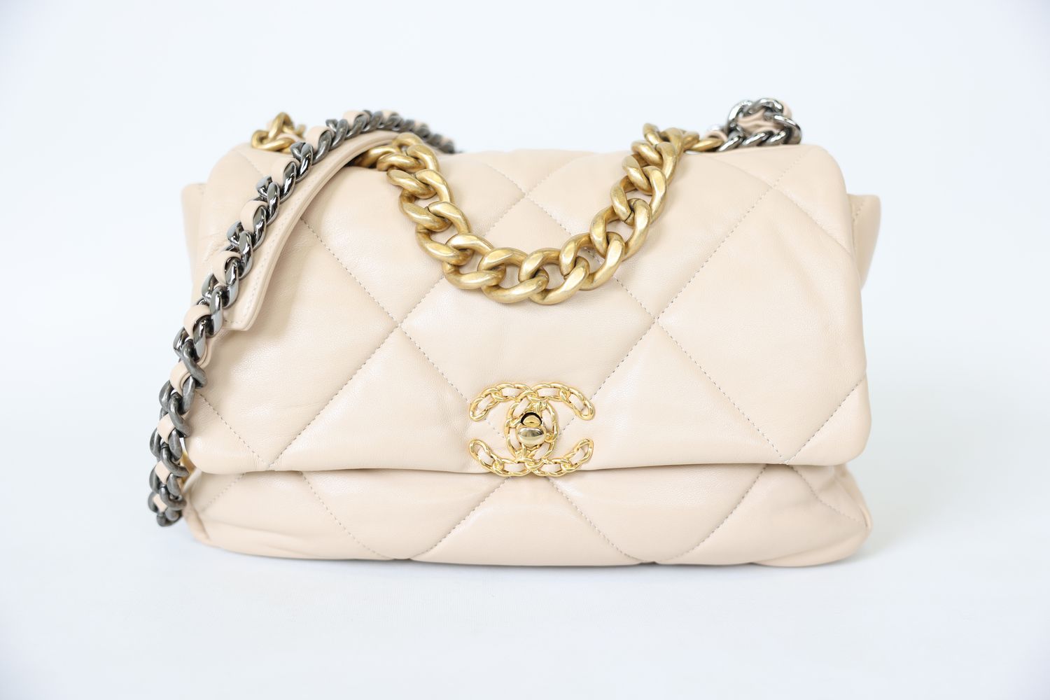 Chanel 19 Jumbo, Beige Lambskin with Mixed Hardware, Preowned in Box WA001