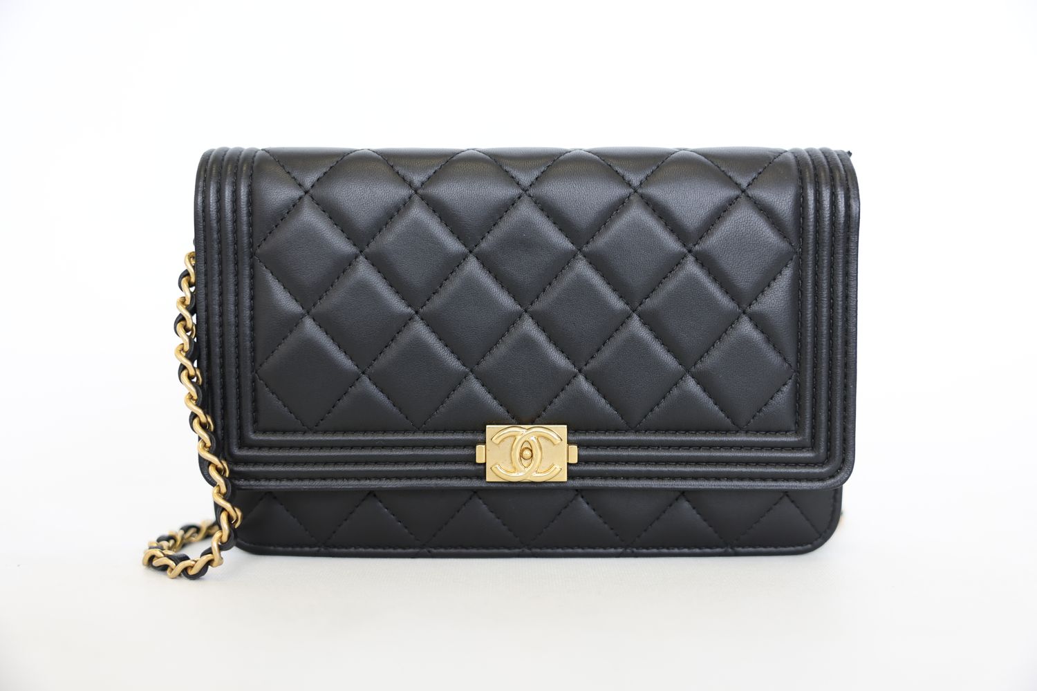 Chanel Boy Wallet on Chain, Black Lambskin with Gold Hardware, Preowned in Box WA001