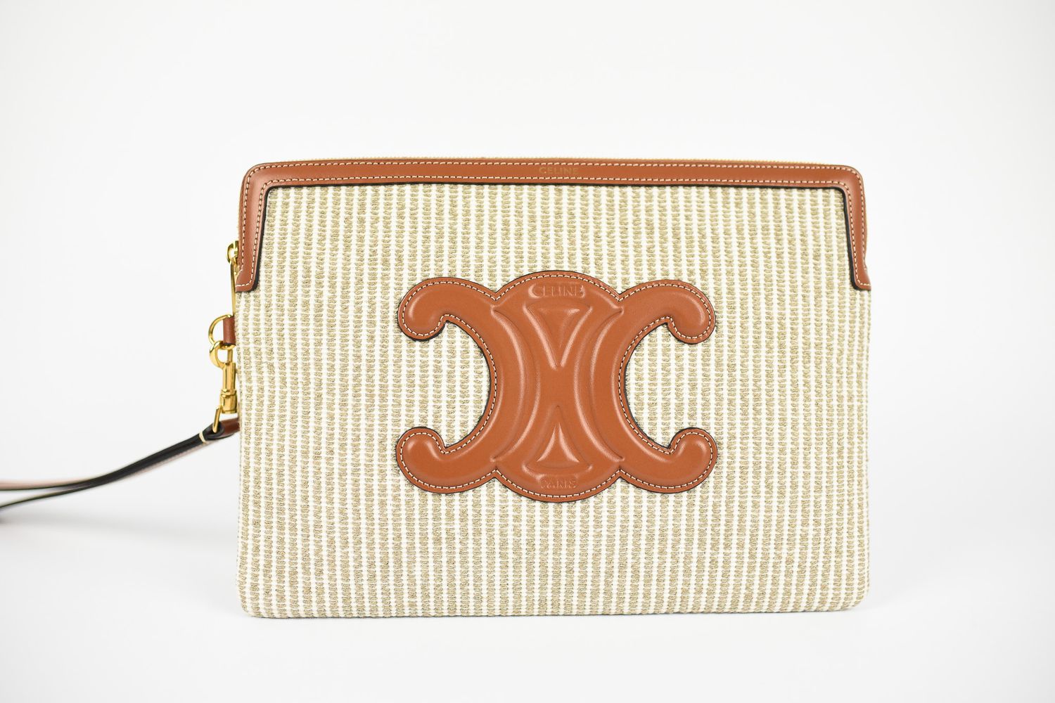 Celine Pouch, Beige Stripe Fabric with Brown Leather, New in Dustbag GA001