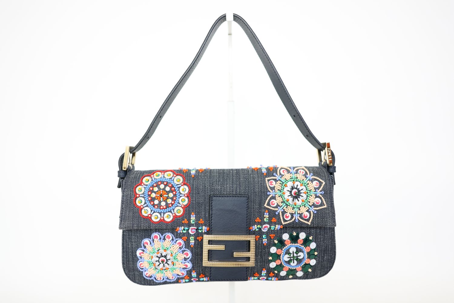 Fendi Baguette Medium, Beaded Blue Denim with Gold Hardware, Preowned No Dustbag WA001