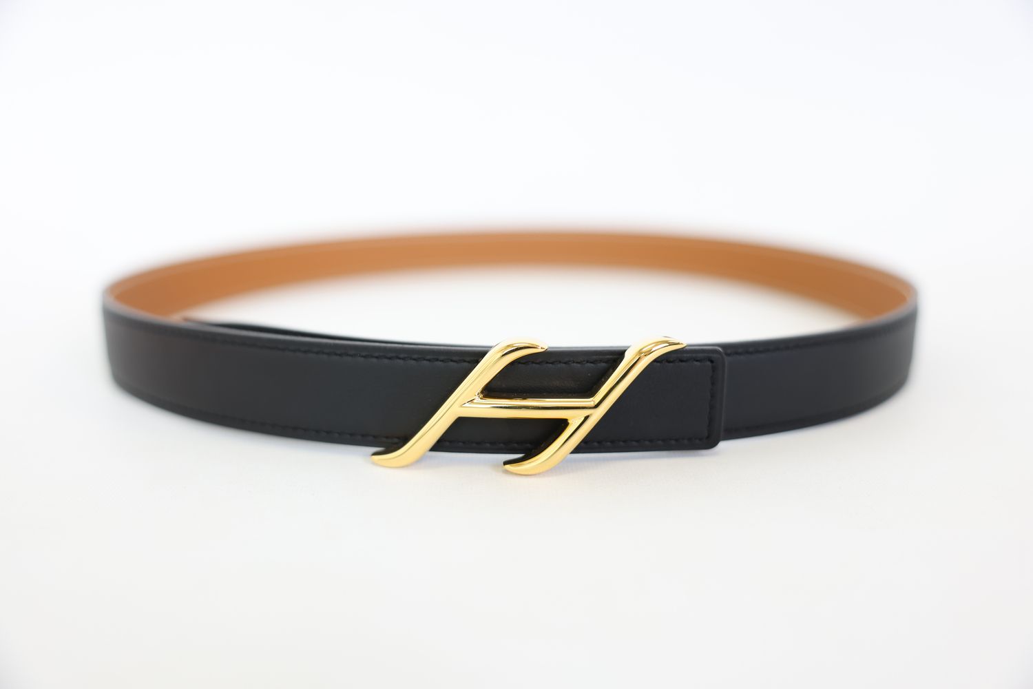Hermes HDN Belt Buckle &amp; Reversible Leather Strap 24 mm Size 75, Noir and Gold Swift and Epsom Calfskin with Gold Hardware, New in Box WA001