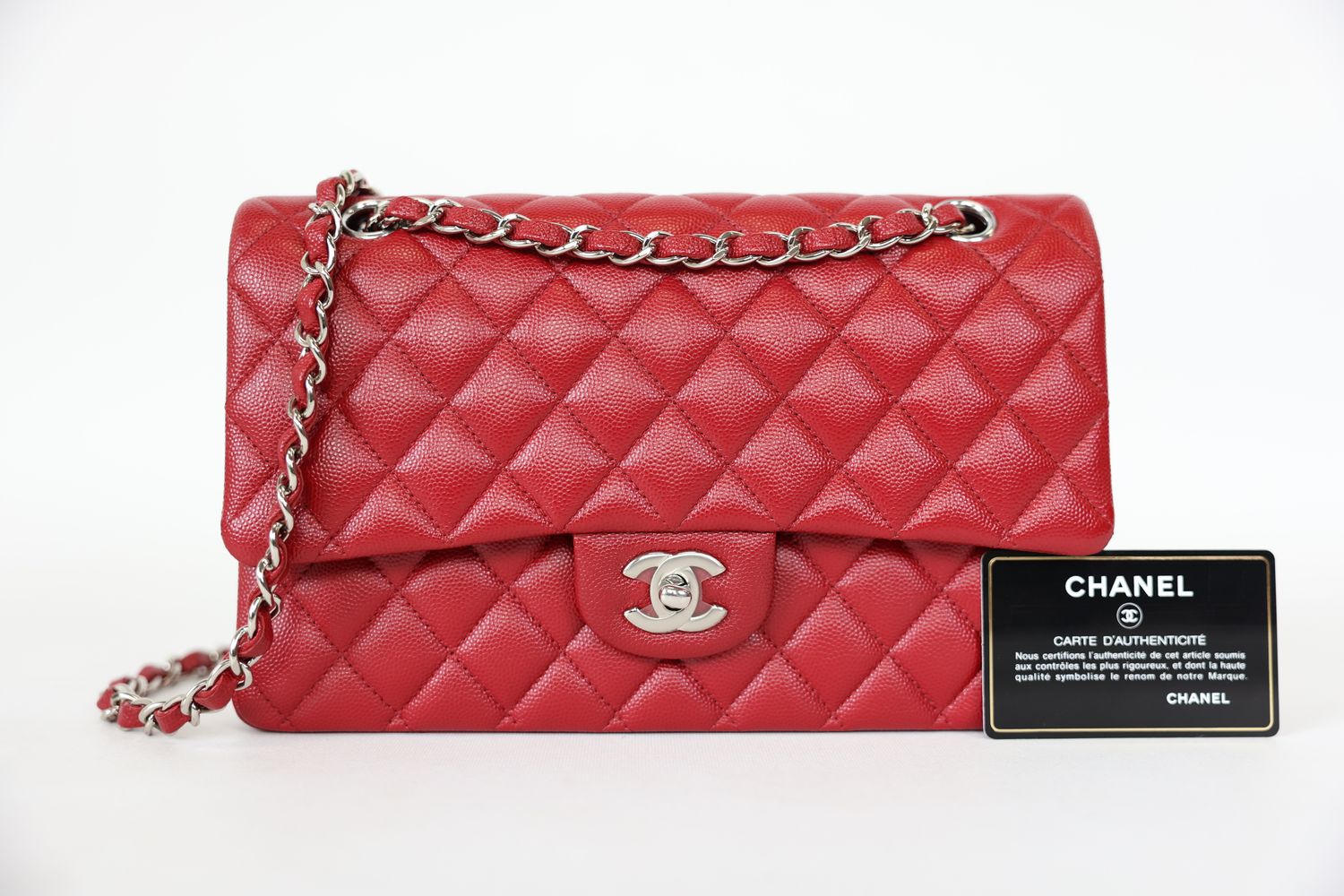 Chanel Classic Double Flap Medium, Red Caviar with Silver Hardware, Preowned in Box WA001