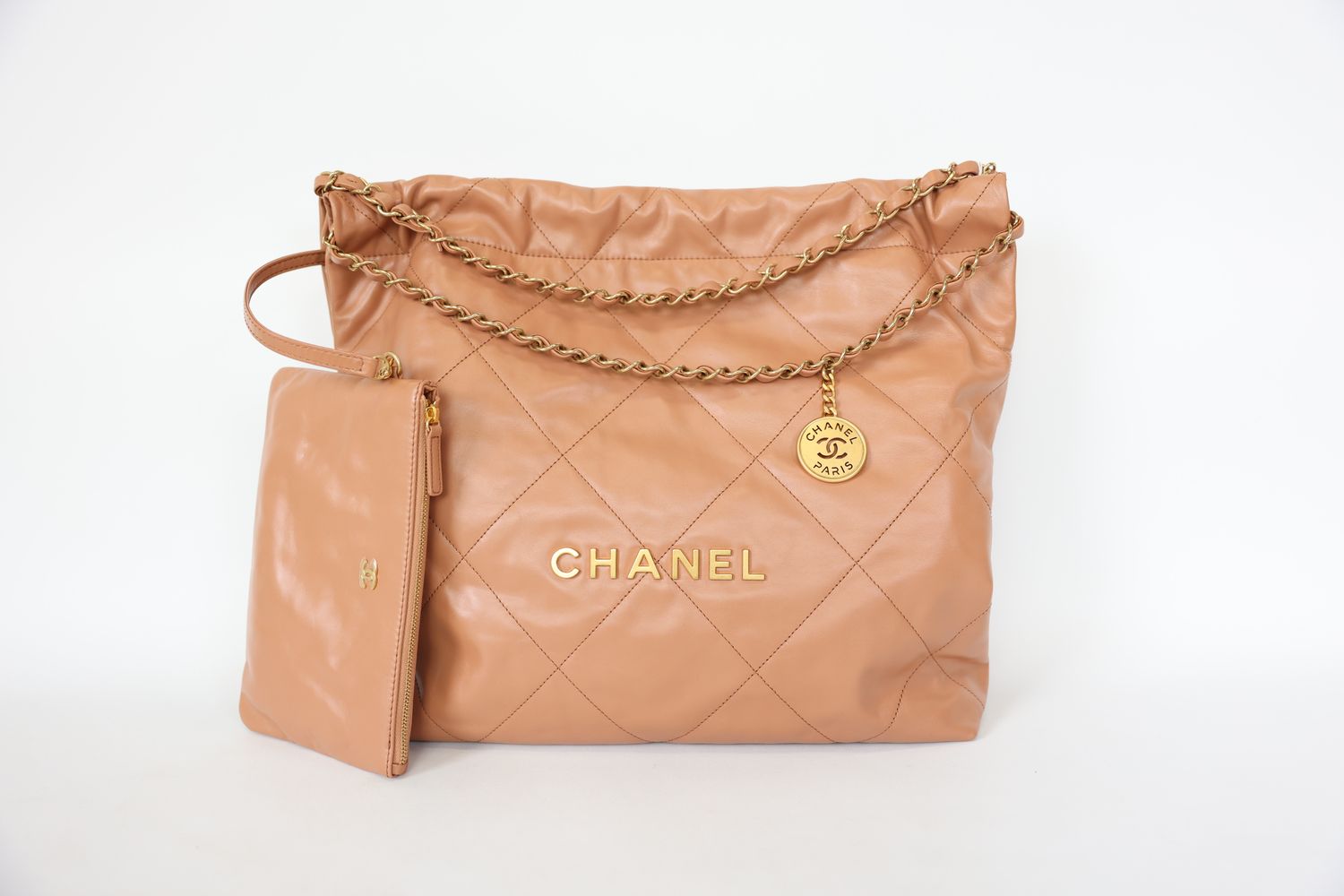 Chanel 22 Medium, Caramel Calfskin with Gold Hardware, Preowned in Dustbag WA001