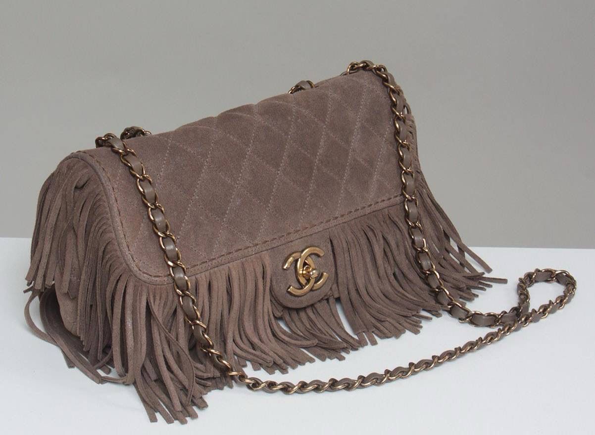Preorder Chanel Taupe Pre-Fall 2014 Collection by Karl Lagerfeld Paris Medium Dallas Fringe
Flap, Suede Leather With Brushed Gold Hardware, Excellent Condition in Dustbag