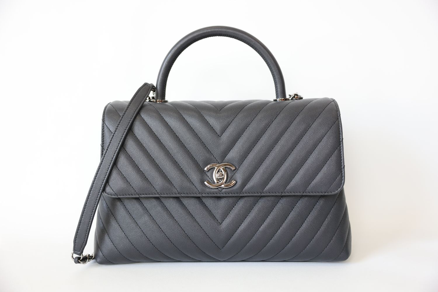 Chanel Coco Handle Large, Dark Grey Chevron Caviar with Black Hardware, Preowned in Dustbag WA001