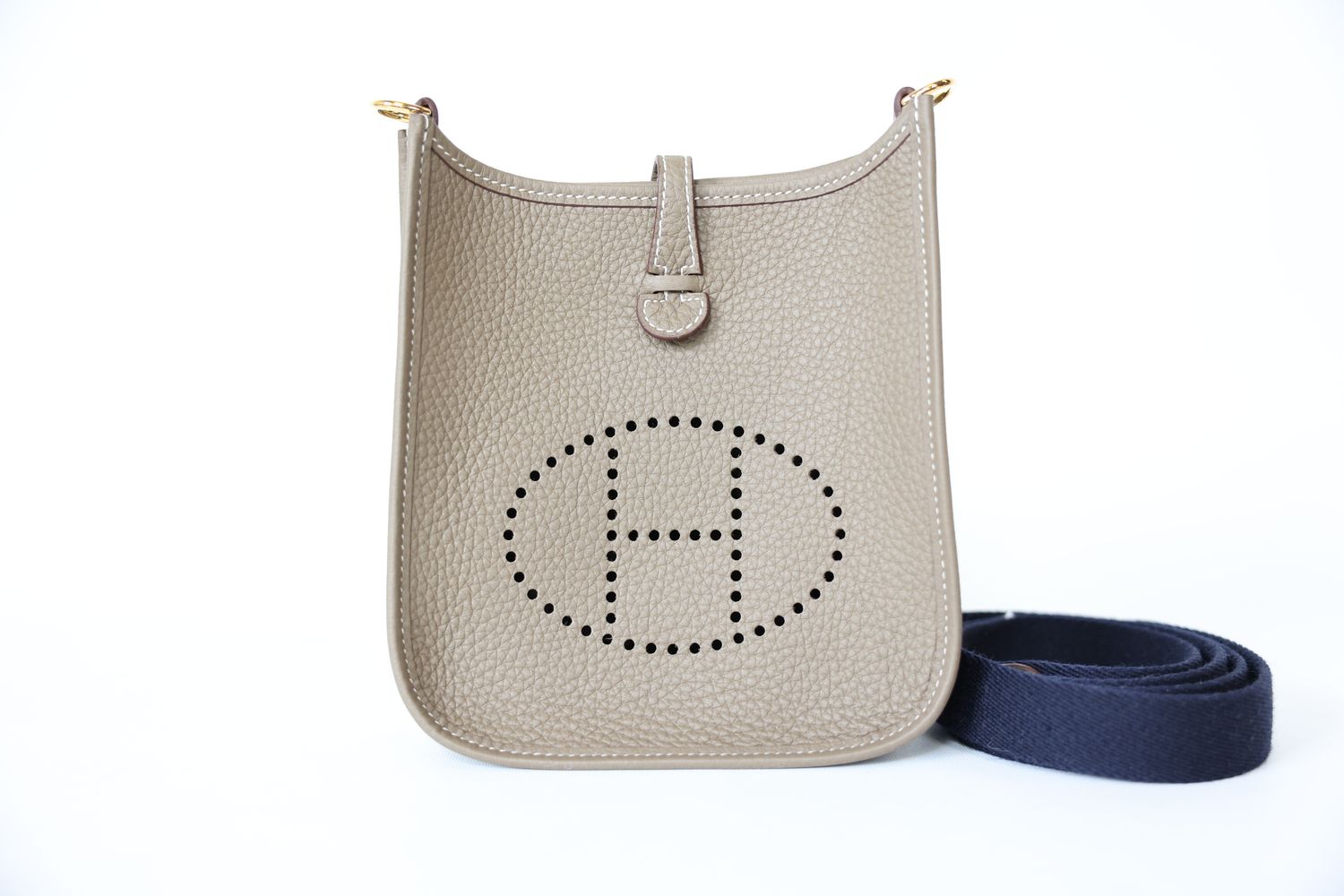 Hermes Evelyne 16 TPM, Etoupe Clemence and Bleu Indigo Web Canvas with Gold Hardware, W 2024, New in Box WA001