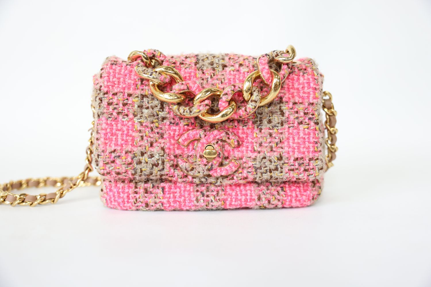 Chanel Elegant Chain Flap Medium, Pink and Brown Tweed with Gold Hardware, Preowned in Box WA001