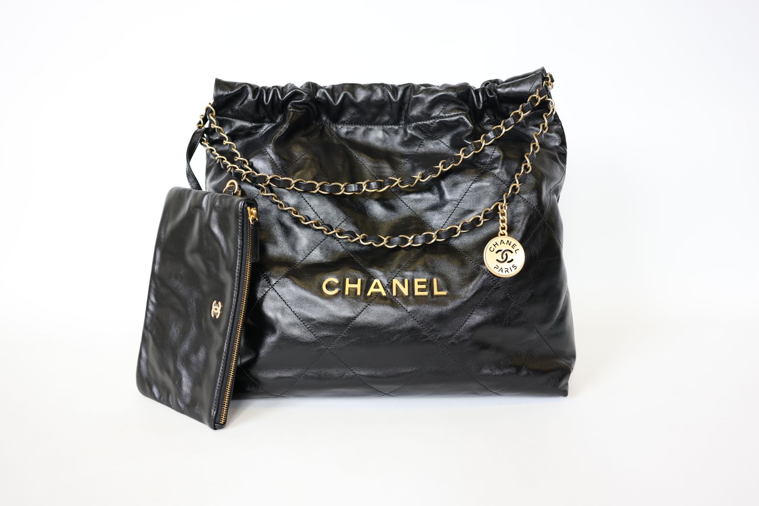 Chanel 22 Medium, Black Calfskin with Gold Hardware, Preowned in Box WA001