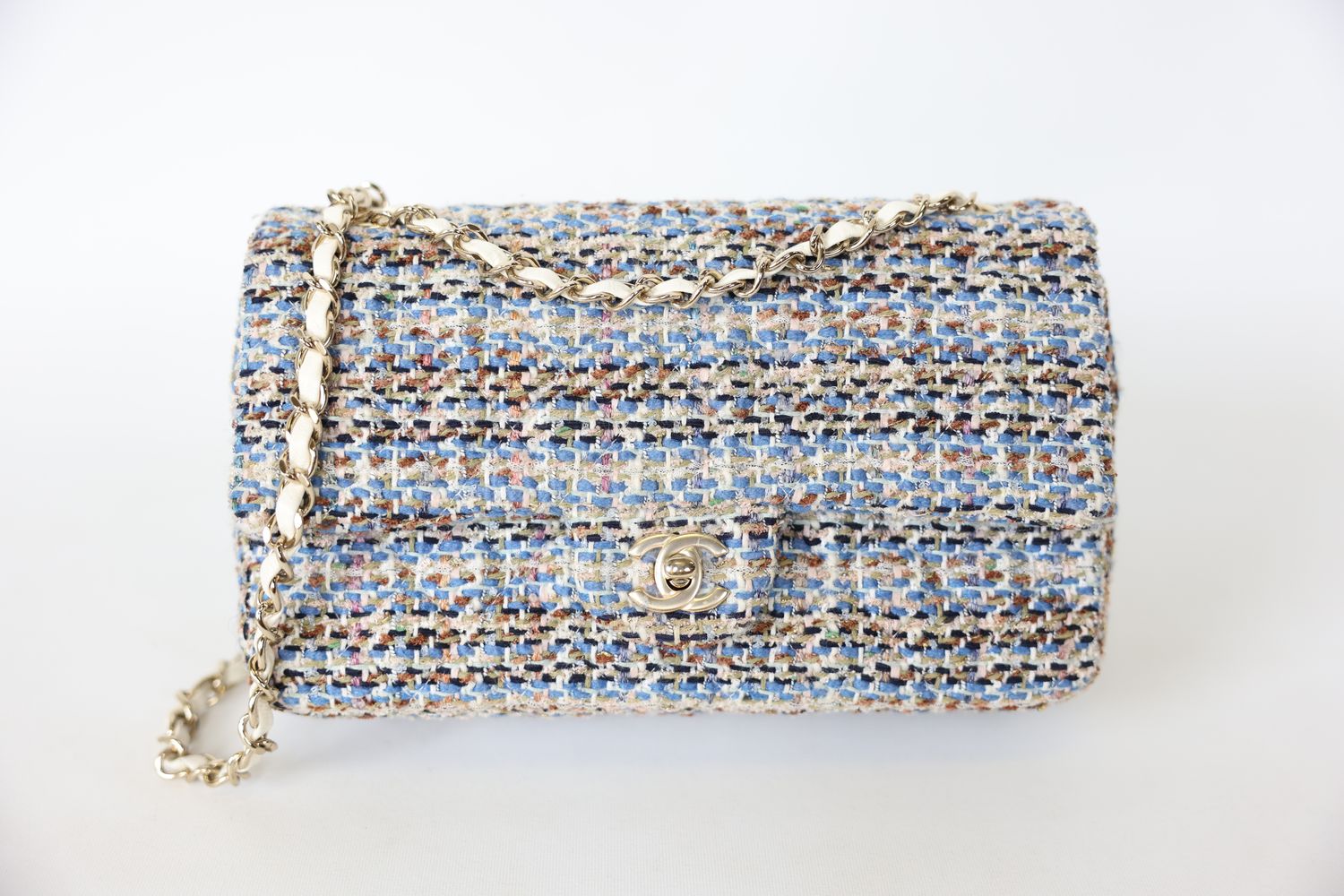 Chanel Classic Double Flap Medium, Blue Multicolored Tweed with Gold Hardware, Preowned in Box WA001