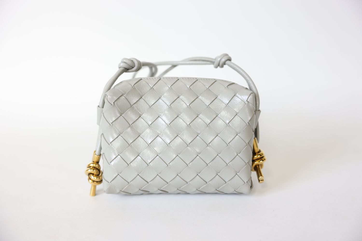 Bottega Veneta Loop Camera Bag Mini, Agate Grey Intrecciato Lambskin with Gold Hardware, Preowned in Dustbag WA001