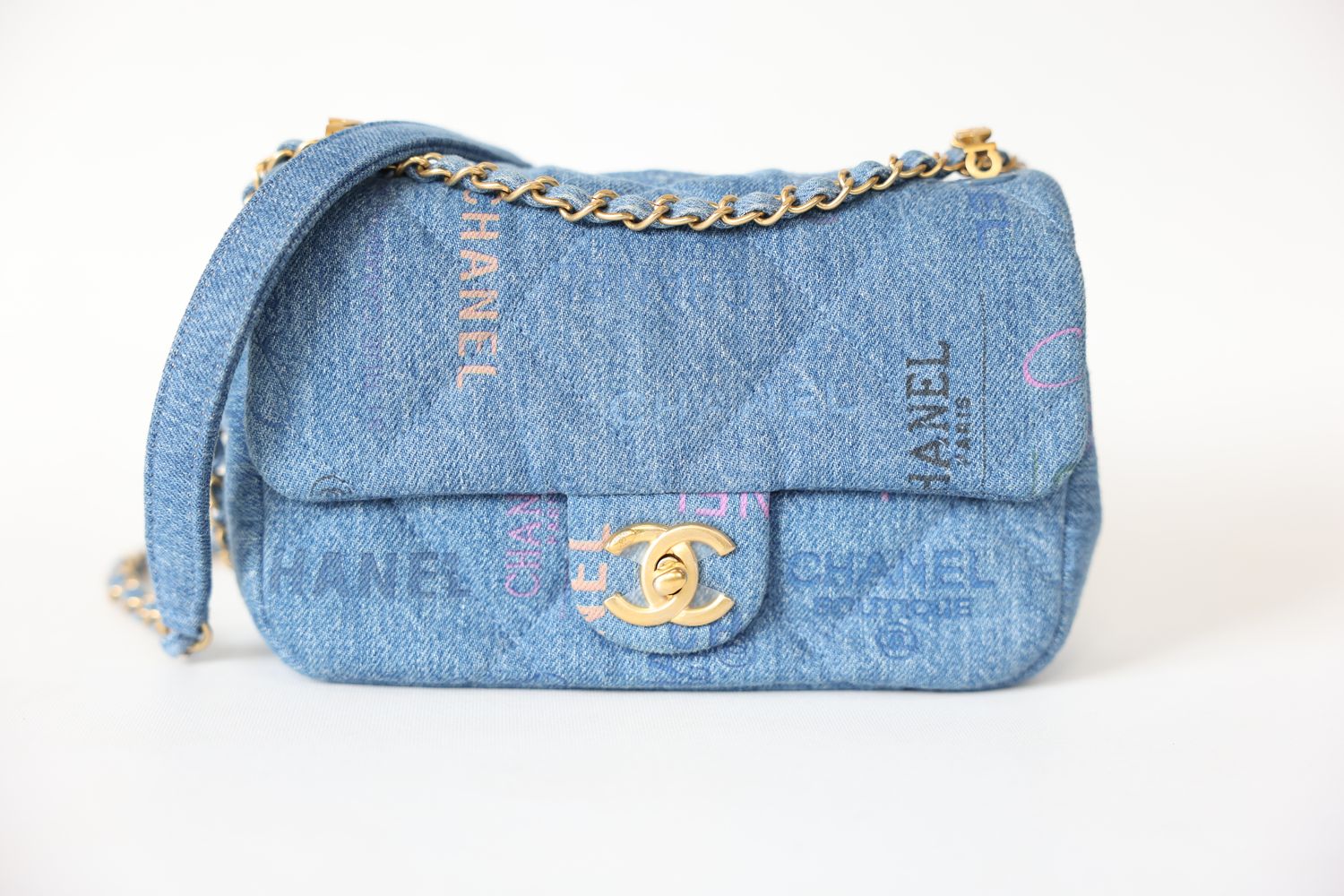 Chanel Mood Flap Small, Blue Printed Denim with Gold Hardware, New in Box WA001