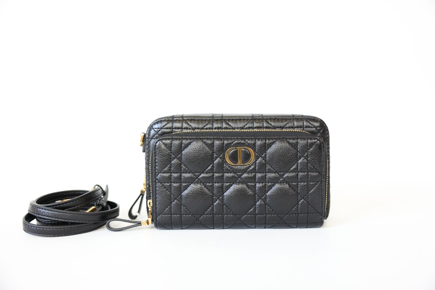 Dior Caro Double Pouch, Black Cannage Calfskin with Gold Hardware, New in Dustbag WA001