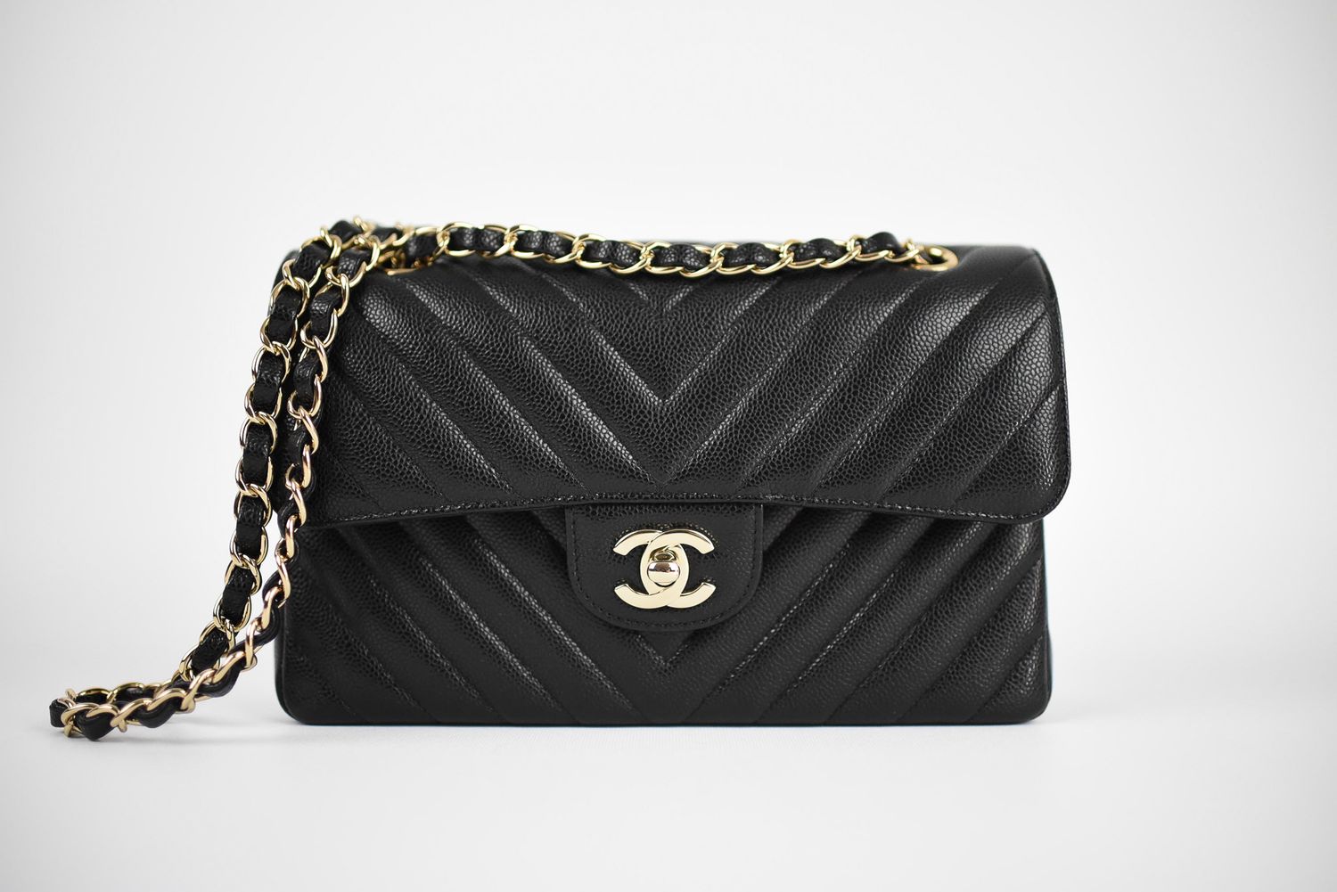 Chanel Classic Small Double Flap, Chevron, Black Caviar Leather with Gold Hardware, Preowned in Box GA001