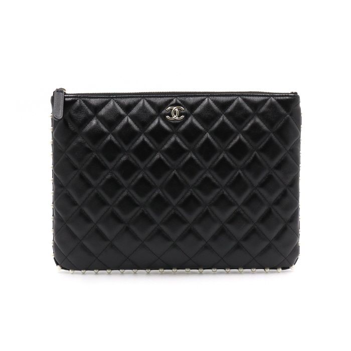 Chanel O Case, Black Lambskin with Pearl Trim and Gold Hardware. Like New in Dustbag GA001P