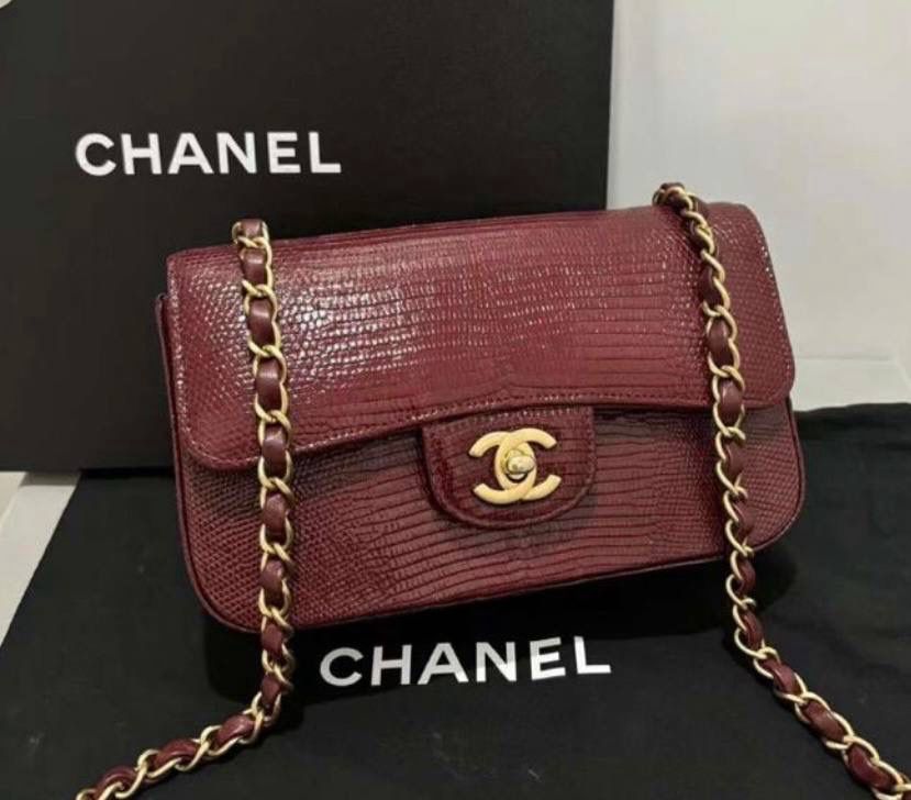Preorder Burgundy Lizard Mini Flap, With Brushed Gold Hardware, Excellent Condition In Box