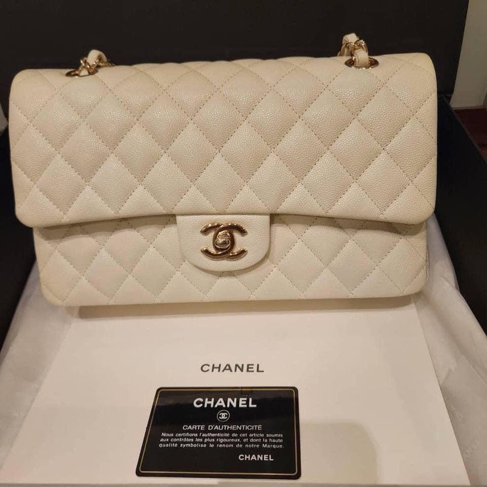 Preorder Chanel Classic Flap, Medium, Ivory Caviar Leather, Gold Hardware, Excellent Condition In Box