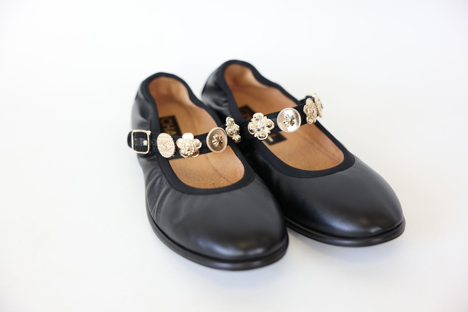 Chanel Mary Jane Shoes with Charms Size 38.5, 24A Black Lambskin with Gold Hardware, New in Box WA001
