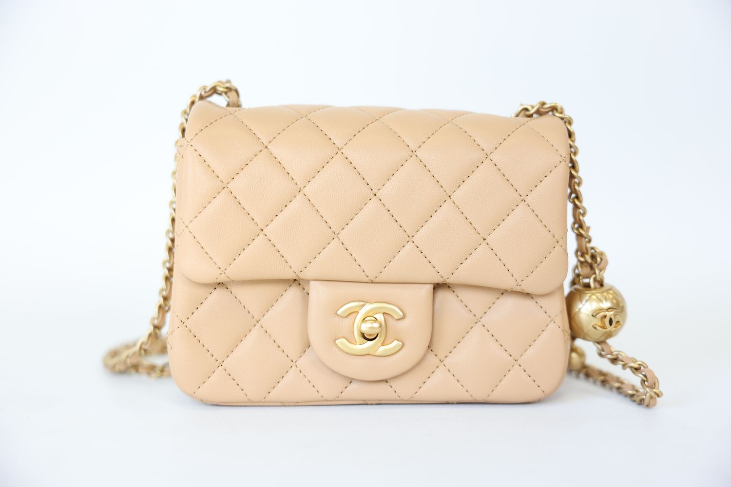 Chanel Pearl Crush Bag Mini Square, Beige Lambskin with Gold