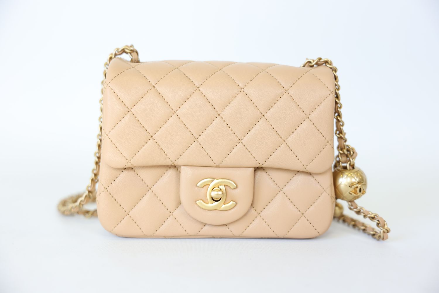 Chanel Pearl Crush Bag Mini Square, Beige Lambskin with Gold