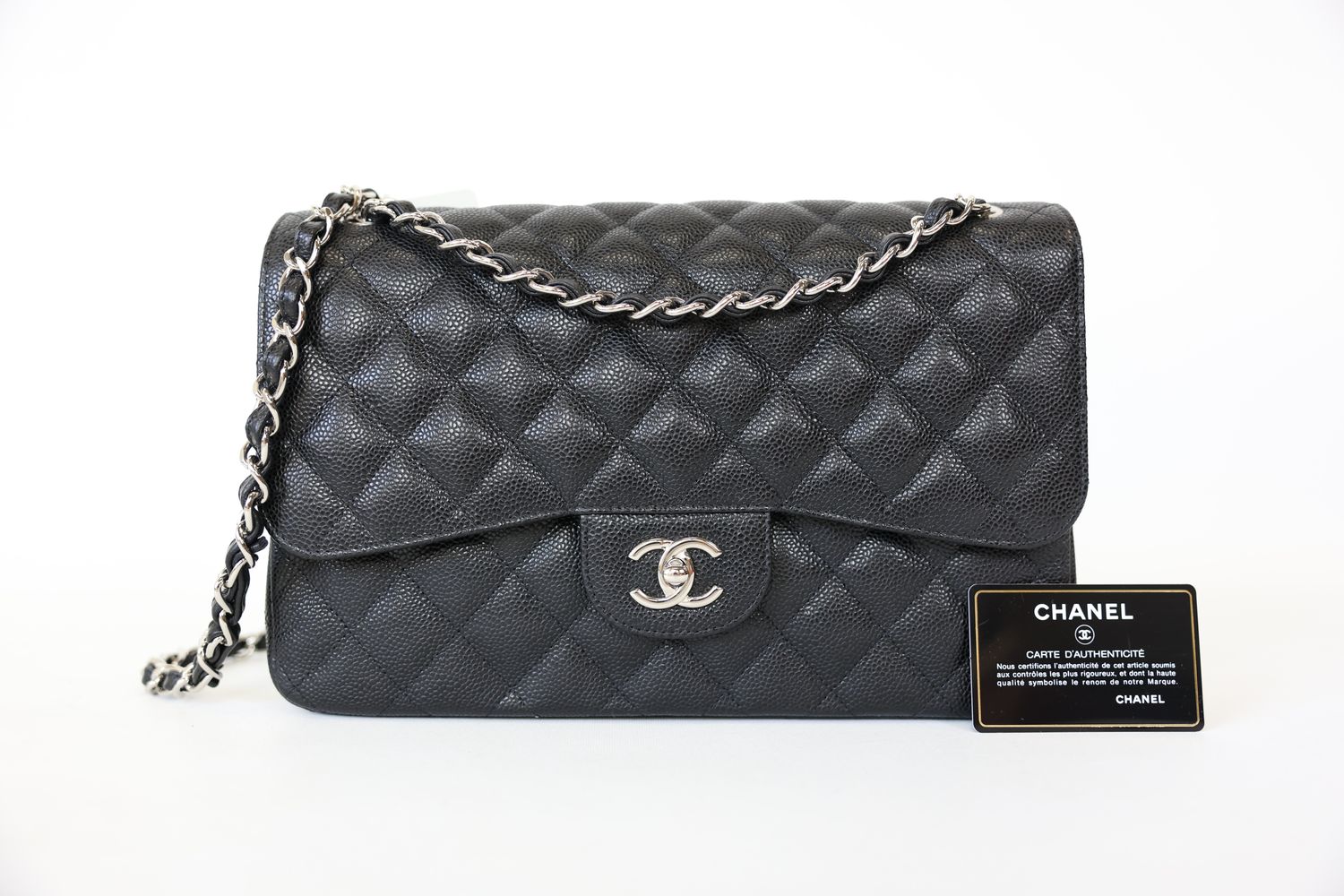 Chanel Classic Double Flap Jumbo, Black Caviar with Silver Hardware, Preowned in Box WA001