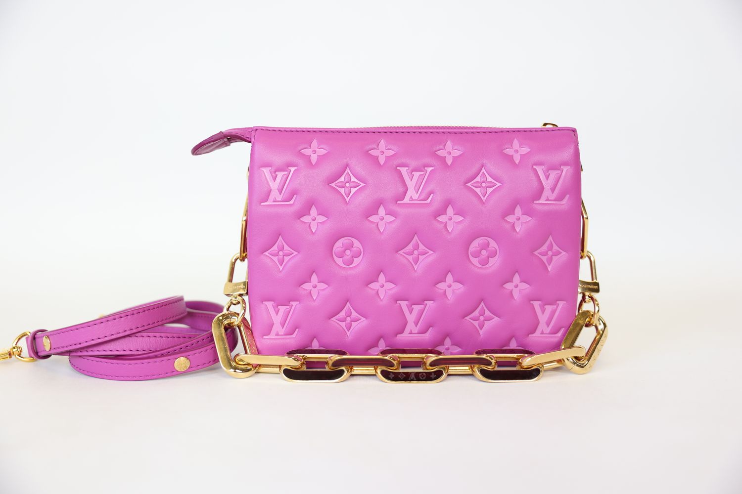 Louis Vuitton Coussin Bag BB, Orchidee Purple Monogram Leather with Gold Hardware, Preowned in Box WA001