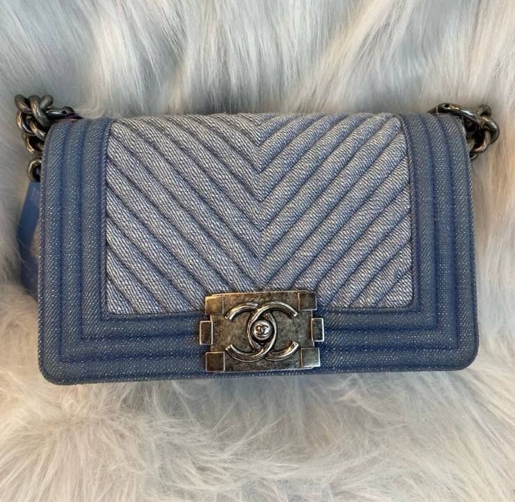 Preorder Chanel Denim Quilted Small Boy Bag With Aged Silver Hardware, Excellent Condition In Dust Bag