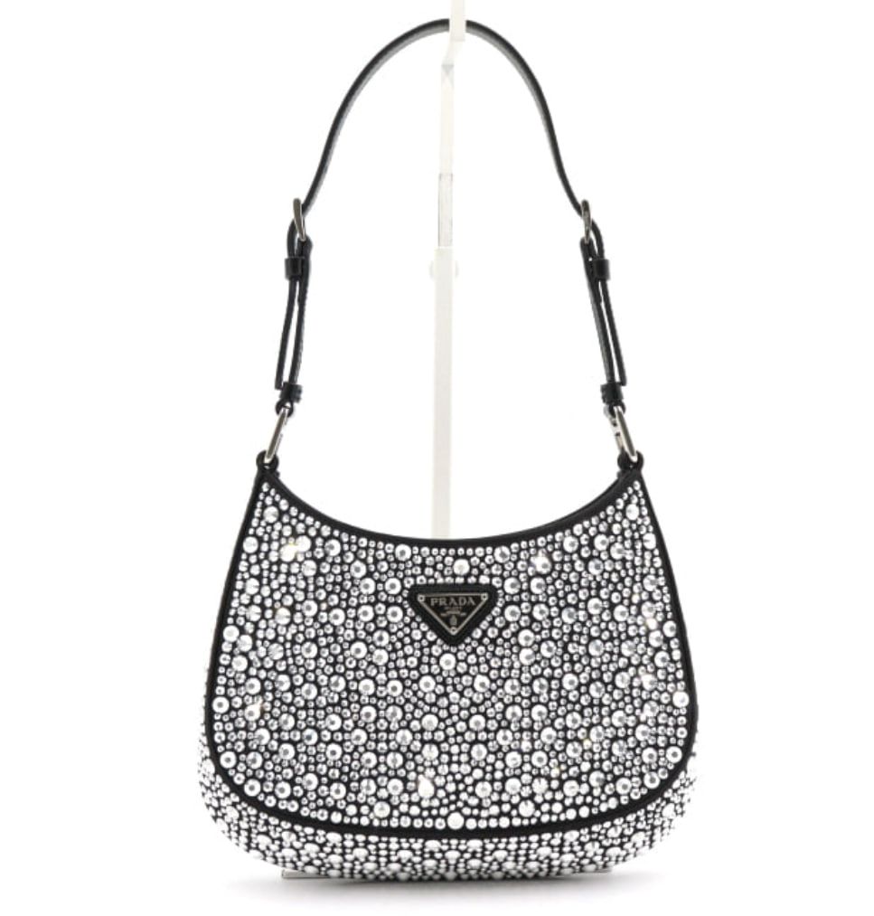 Prada Satin Crystal Cleo Shoulder Bag, Black With Silver Hardware, Excellent Condition in Box GA001P